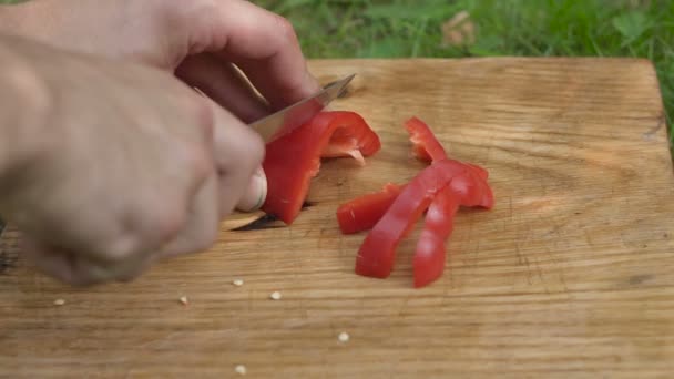 Egy késsel, lassú ember szeletek pirospaprika — Stock videók