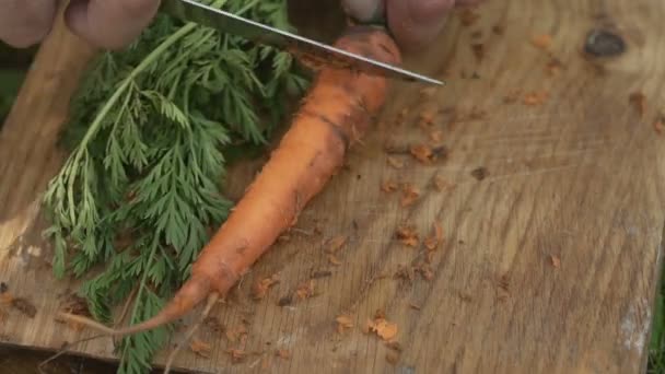 Hombre rebanando zanahorias con un cuchillo de cerca — Vídeo de stock