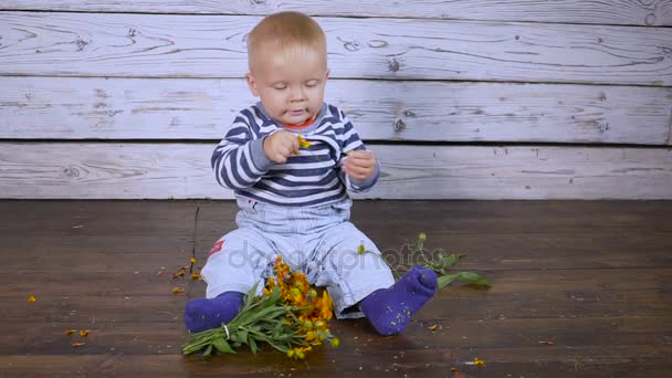 Un niño con flores amarillas hd — Vídeo de stock