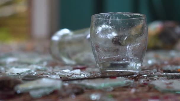 Ett glas vodka på bakgrunden av krossat glas. en fallna flaska — Stockvideo