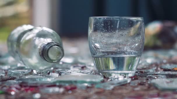 Een glas wodka en gevallen fles — Stockvideo