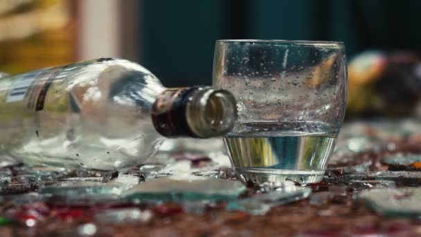 Ett glas vodka och fallna flaska — Stockvideo