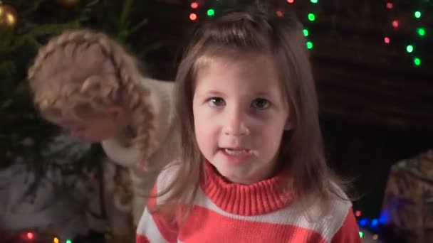 Dos niñas decorar un árbol de Navidad y hablar — Vídeos de Stock
