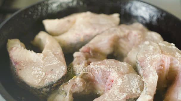 Filetes de pescado frito en sartén. Freír pescado de lucio grande en una sartén . — Vídeos de Stock