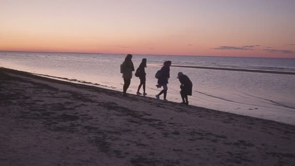 Fyra unga kvinnor vandrar längs stranden kvällen — Stockvideo