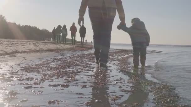 Mamá con un niño pequeño camina por la playa de primavera — Vídeos de Stock