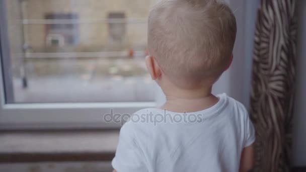 Мальчик у окна — стоковое видео