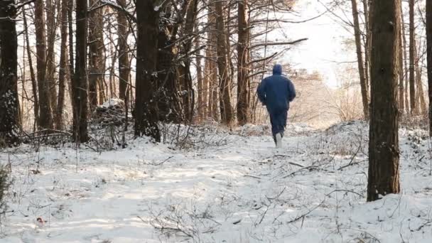 Male runner running winter marathon, winter snowfall — Stock Video