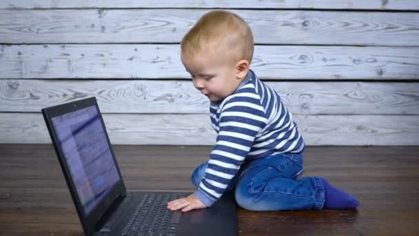 Beautiful one year old child is played with a laptop. business comcept — Stock Video