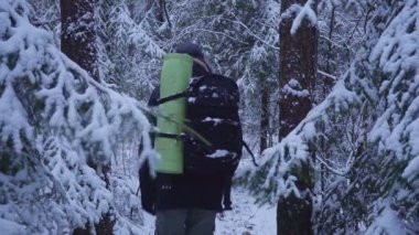 Kar kış orman seyahat sırt çantası ile yürüyen adam. kar orman bakar