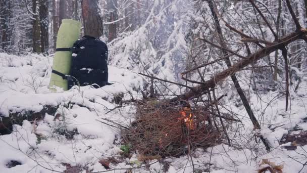 Kampvuur in de winter forest en toeristische rugzak — Stockvideo