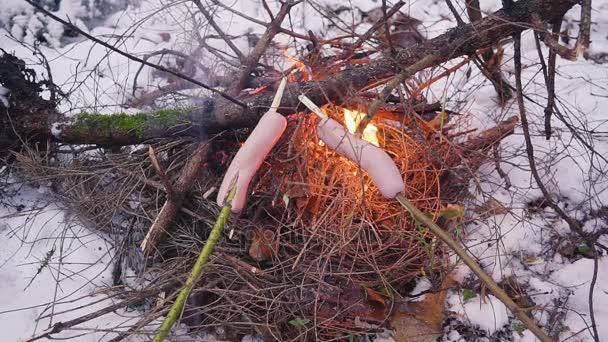 Salsichas de fritura na fogueira na floresta de inverno — Vídeo de Stock