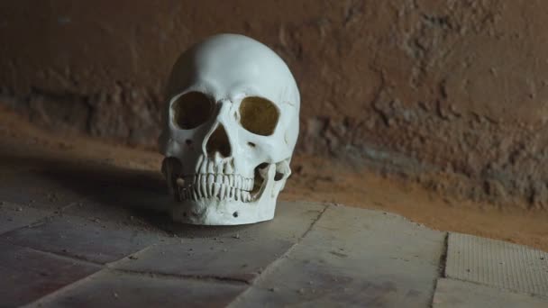 Шприц падає обприскуючи кров після ін'єкції героїну кокаїну на тлі черепа — стокове відео