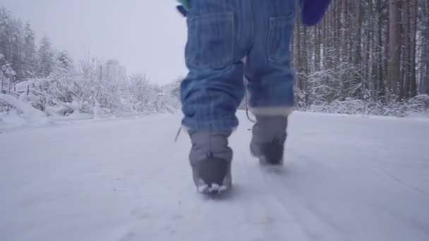 Alegre niño de un año en el bosque de invierno. creado con gimbal — Vídeos de Stock