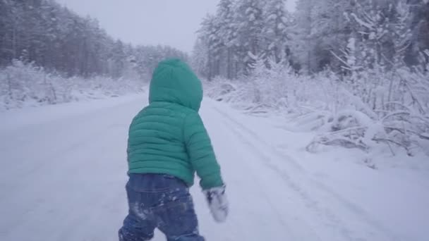 Alegre menino de um ano na estrada da floresta de inverno. criado com gimbal — Vídeo de Stock