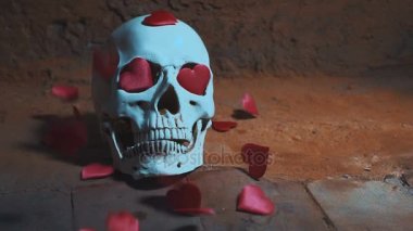 insan kafatası kırmızı kalp ile. Kalpler kafatası yavaş düşer. Sevgililer günü için kavram. AIDS