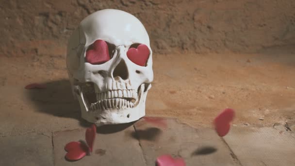 Menselijke schedel met rood hart. Harten vallen op de schedel slow-motion. Concept voor Valentijnsdag. AIDS — Stockvideo