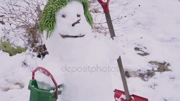 Der süße lächelnde Schneemann auf seiner grünen Mütze — Stockvideo
