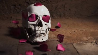 insan kafatası kırmızı kalp ile. Kalpler kafatası yavaş düşer. Sevgililer günü için kavram. AIDS