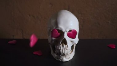 insan kafatası kırmızı kalp ile. Kalpler kafatası yavaş düşer. Sevgililer günü için kavram.
