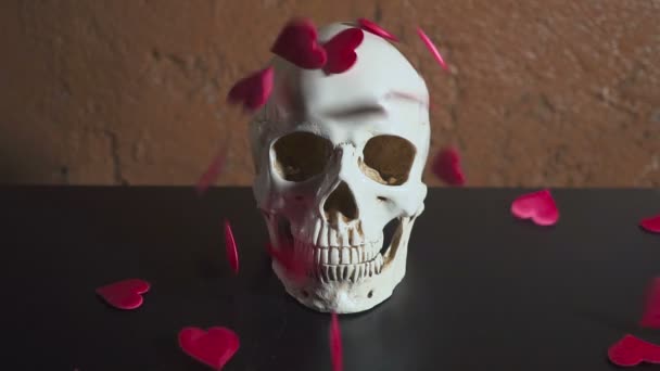 Calavera humana con corazón rojo. Los corazones caen en cámara lenta en el cráneo. Concepto para San Valentín. SIDA — Vídeos de Stock