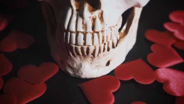 Human skull with red heart . Concept for Valentines Day. AIDS — Stock Video