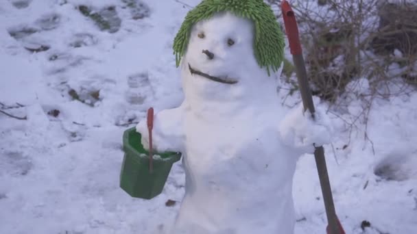 De schattige lachende sneeuwpop op zijn groene Pet — Stockvideo