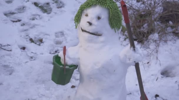 The cute smiling snowman on his green cap — Stock Video