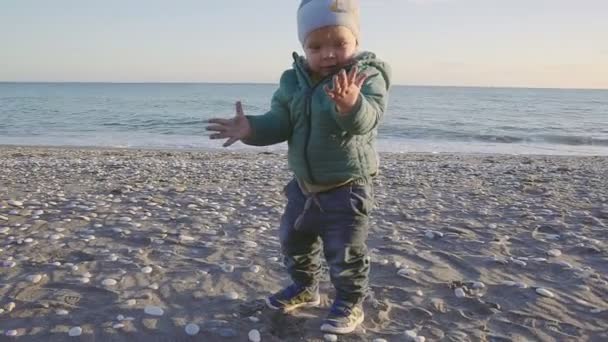 De levensstijl van de baby. Een jongen wordt gespeeld met zand en stenen op een natuurlijke strand. geschoten met stedicam — Stockvideo