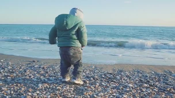 Estilo de vida do bebé. O rapaz olha para o mar — Vídeo de Stock