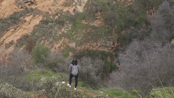 Turistas ficar em uma rocha e olhar para uma paisagem de montanha magnífica e arquitetura — Vídeo de Stock