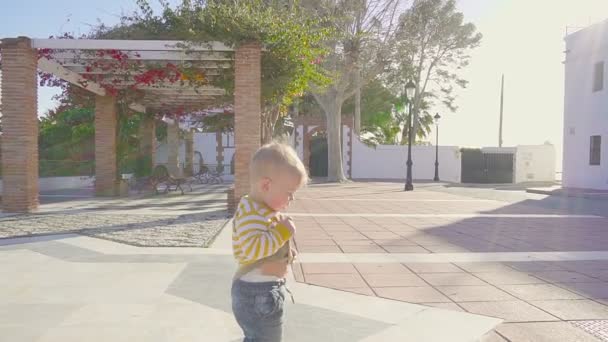 Güneşli yaz. Kaldırımdan yavaş çalışan erkek bebek Steadicam atış — Stok video