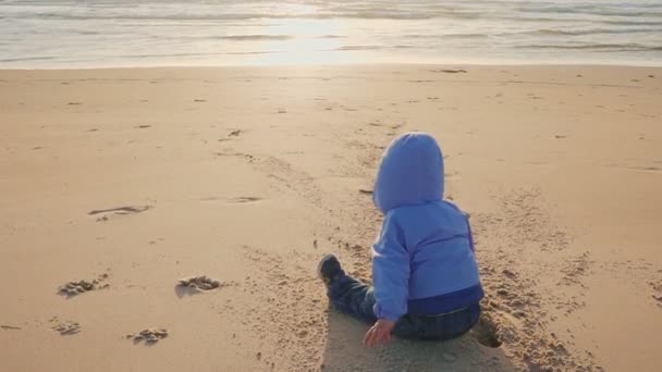 Lebensstil des Babys. ein Junge wird an einem natürlichen Strand mit Sand und Steinen gespielt — Stockvideo