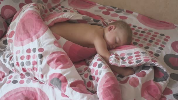 Entzückendes Baby, das auf seinem Bett in einem Zimmer zu Hause schläft. Schlaf-Baby-Konzept. 1-jähriger Babyboy schläft zu Hause — Stockvideo