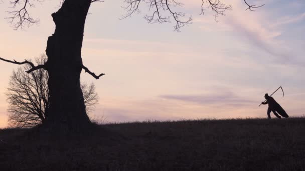 A silhueta do pôr-do-sol do Ceifador. conceito de morte — Vídeo de Stock