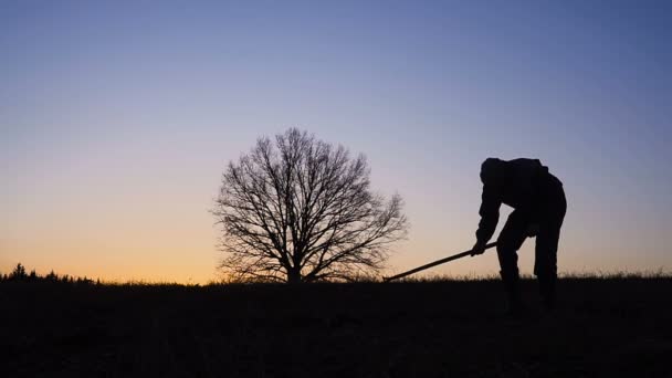 Silhuetten av arbetarna skotta jord med en spade på kvällen. — Stockvideo