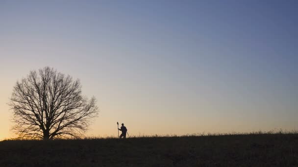 Tevreden akkerbouwer danst ib het veld. Silhouet van een zonsondergang of zonsopgang in veld. — Stockvideo