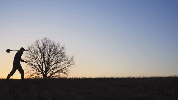 Un granjero con una pala caminando por el campo. Llevan equipo para plantar un árbol. En la puesta del sol. Vista lateral — Vídeos de Stock