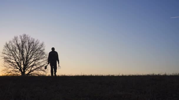 Un granjero con una pala caminando por el campo. Llevan equipo para plantar un árbol. En la puesta del sol. Vista lateral — Vídeos de Stock