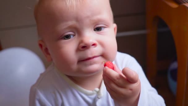 Dítě jíst čerstvé bobule v místnosti — Stock video