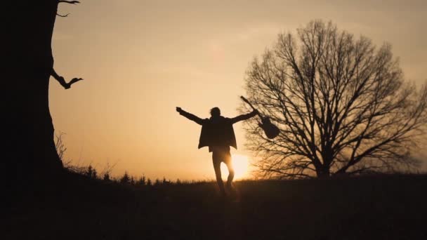 Silhouette du guitariste au coucher du soleil au ralenti. court avec une guitare dans les mains — Video