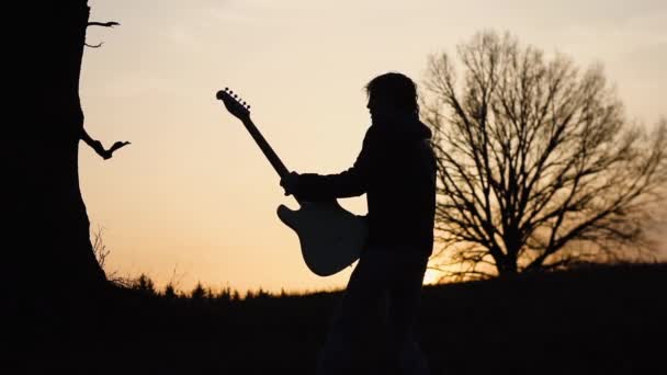 Mann spielt E-Gitarre und singt bei Sonnenuntergang ein lyrisches Lied auf einem Feld in der Nähe des Baumes. Silhouette — Stockvideo