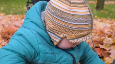 bebek çocuk sonbahar ahşap, sürüngenler ve banyoları yaprakları. Steadicam