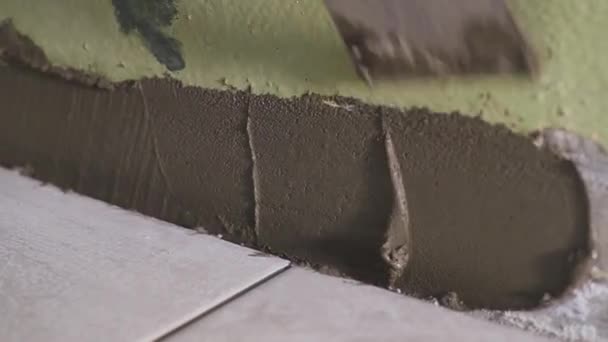 O funcionário aplica a cola de uma telha em uma parede. tiro stedicam. close-up — Vídeo de Stock