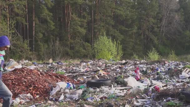 Un SDF à la recherche d'objets utiles et de nourriture pour survivre entre des ordures dans des tas de déchets. Pollution de l'environnement. La pauvreté. Dans le sac sont des bouteilles vides . — Video