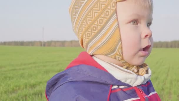 Ένα έτος παλαιό αγόρι πηγαίνει στο πεδίο με νέους σιτάρι. Κινηματογράφηση σε πρώτο πλάνο — Αρχείο Βίντεο