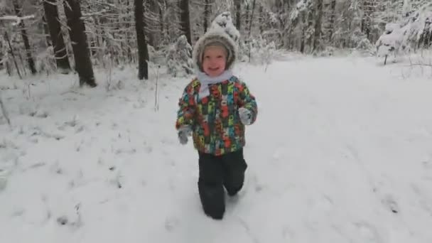 雪の冬の森の中の幸せな少年。冬にはとてもかわいい幸せな男の子が公園で走っています。幸せなの？ — ストック動画
