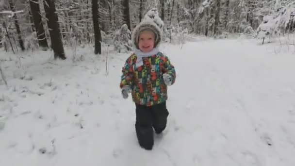 Glücklicher Junge in einem schneebedeckten Winterwald. Ein sehr süßer, fröhlicher kleiner Junge läuft im Winter im Park herum. ist glücklich — Stockvideo