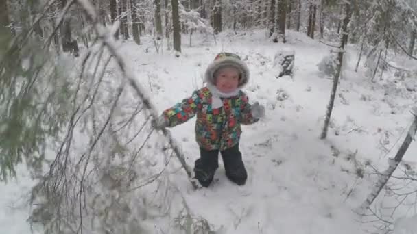 Leende pojke leker i en snövinterskog. En söt glad liten pojke runkar i parken på vintern. Är lycklig — Stockvideo