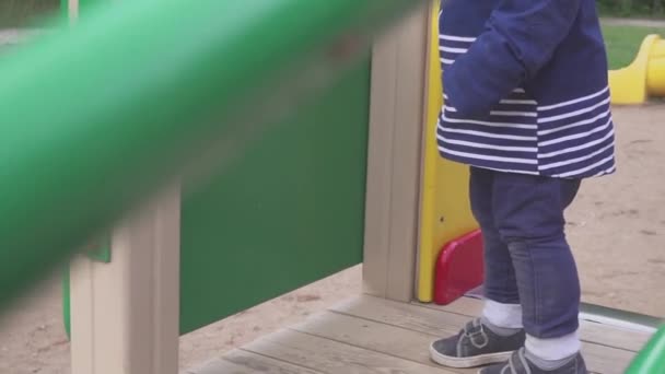 Der Junge wird auf einem Spielplatz in einem Park oder Kindergarten gespielt. dem Kind macht es Spaß zu toben. — Stockvideo